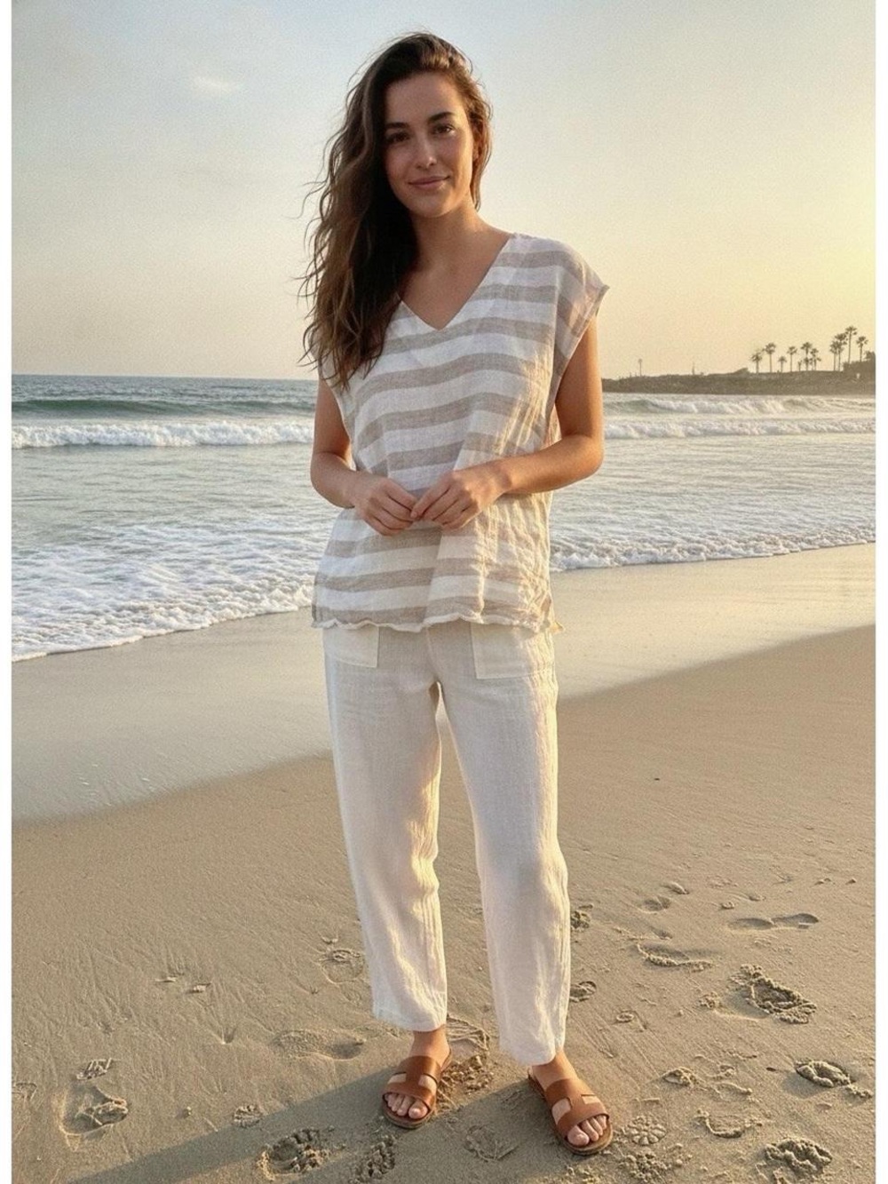 St. Tropez Cream and Beige Striped Linen-Blend Top